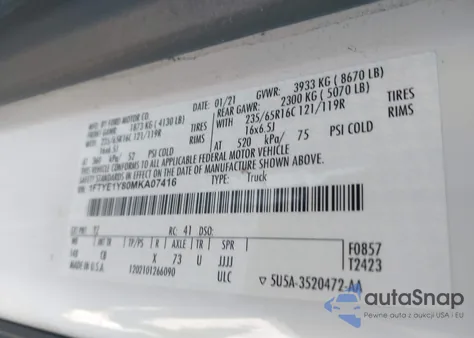 2021 Ford Transit-150 z USA, uszkodzony, nr VIN 1FTYE1Y80MKA07416